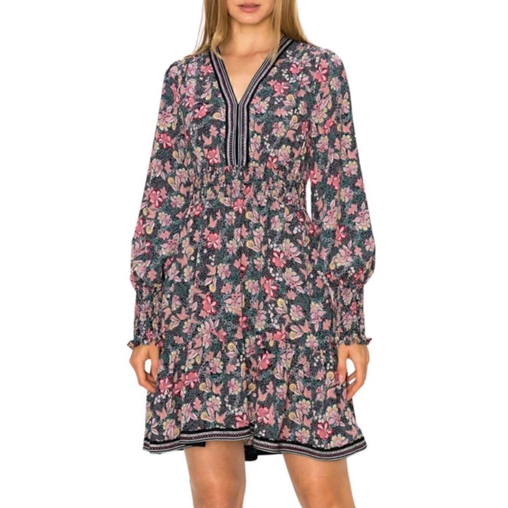 Melloday Long Sleeve Contrast Trim Printed Mini Dress in Tea Pink Floral, XS